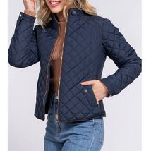 Suede Piping Detail Knit Rib Quilted Padding Jacket Navy Blue Small - $44.55