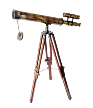 Antique Royal Navy 18&quot; Double Barrel Brass Telescope with Wooden Tripod - £104.09 GBP