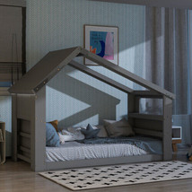 Twin House Floor Bed with Roof Window, LED Light,Gray - £237.12 GBP