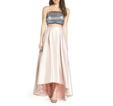Sequin Hearts Junior Women 1 Blush Pink 2 Pc Sequin Bandeau Top Satin Gown NWT - £39.75 GBP