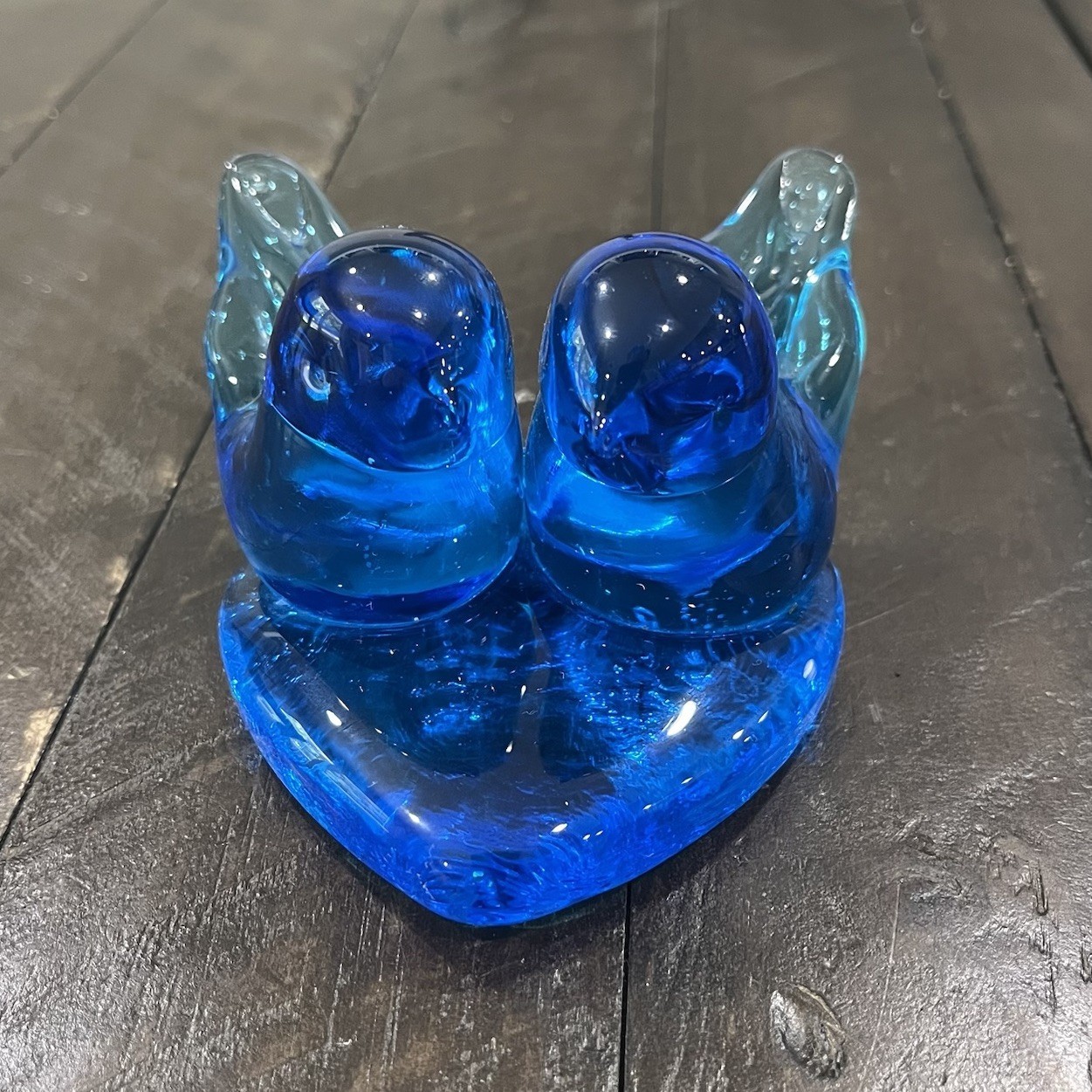 Double Bluebird of Happiness on Heart Blue Art Glass Leo Ward 1991 Signe... - $19.79
