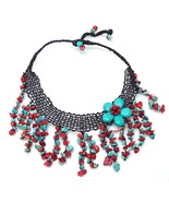 Turquoise and Coral Floral Ivy Dangle Net Boho Necklace - £12.66 GBP