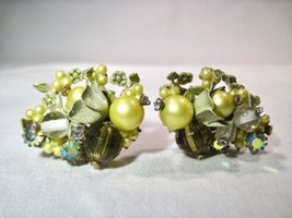 Vintage Art Glass Green White AB Crystal Filigree Clip Earrings K299 - $54.45