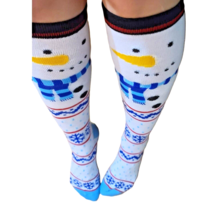 Funky Blue SNOWMAN LONG KNEE SOCKS Christmas Holiday Print Novelty Women... - £4.53 GBP