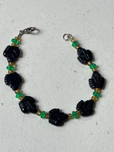 Carved Black Leaf Stone or Glass &amp; Yellow &amp; Green Small Plastic Bead Bra... - $11.29