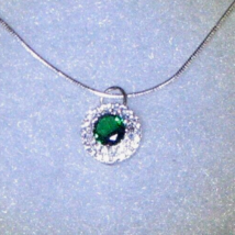 925 Sterling with 2.4ct. Emerald and White Sapphire Halo Pendent Necklace 26&quot; - £35.60 GBP