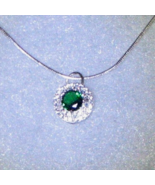 925 Sterling with 2.4ct. Emerald and White Sapphire Halo Pendent Necklac... - £35.04 GBP