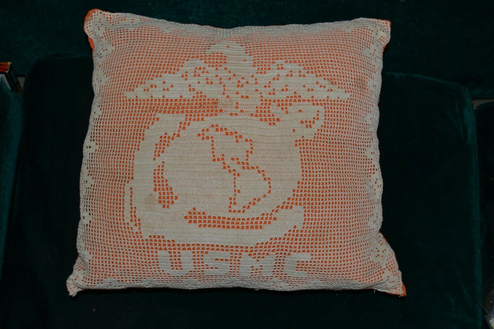 Pillow USMC Marines Crochet Lace Throw  White & Orange Vintage Handmade  - £26.14 GBP