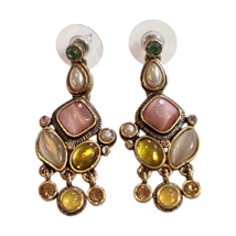 Vintage Gold Tone Moonstone Rhinestone Dangle Drop Earrings - $16.83