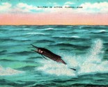 Vtg Linen Postcard Sailfish in Action Florida - Unposted Kropp Ocean View - $3.71