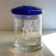 Authentic MLB NY Yankees Baseball Glass Jar W/Airtight Lid Blue Etched 4.5” - $20.99