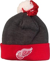Reebok Adult Detroit Red Wings Cuffed Knit Pom Beanie Hat Cap- Red Gray, OSFM - £11.86 GBP