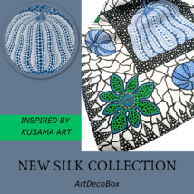 Painted Silk Scarf Bandana inspired by Kusama Art White blue Pumpkin Pol... - £57.76 GBP