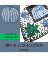 Painted Silk Scarf Bandana inspired by Kusama Art White blue Pumpkin Pol... - £56.92 GBP