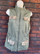 Chicos Size 0 Army Green Utility Vest 4 Gold Sequin Pockets Drawstring Waist - £17.46 GBP