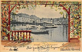 LUZERN SWITZERLAND~SCHWEIZERHOFQUAI~ORNATE TRELLIS BORDER-1905 EMBOSSED ... - $15.04