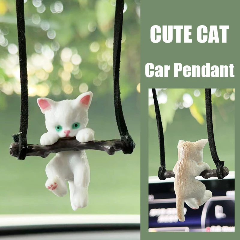 Creative Car Rearview Mirror Pendant Cute Cat Branch Swing Hanging Pendant Car - £7.39 GBP