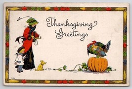 Thanksgiving Greeting Woman Boy Dog Turkey Pumpkin Postcard V21 - £4.65 GBP