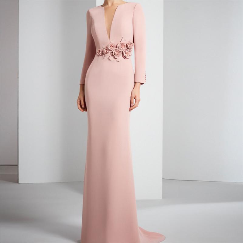 V Neck Long Sleeves Chiffon Three Dimensional Flower Mother of The Bride Dresses