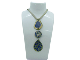 3 Pendant Drop Hammered Metal Pendant Necklace Liquid Silver Blue Enamel Accents - $12.57