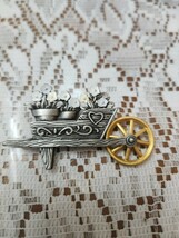 JJ Vintage Pin Brooch Flower Cart Wheel Barrel Pewter Gold Enamel Signed L - $38.20 CAD