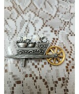 JJ Vintage Pin Brooch Flower Cart Wheel Barrel Pewter Gold Enamel Signed L - $38.29 CAD