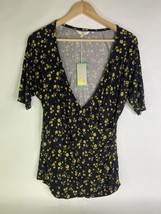 Boden Womens Short Sleeve Wrap Top UK 18 US 14 Black Yellow Floral Sprig Stretch - £38.22 GBP