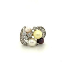 Vintage Sterling Signed Espo Cluster Tri Color Pearl with CZ Accent Ring 7 1/4 - £51.68 GBP