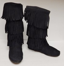 Minnetonka Mocc ASIN S Boots 3 Layer Fringe Black 1639 Suede Leather Size 7 Vtg - £39.28 GBP