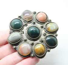Large Antique Vintage Agate Cabochon White Metal BROOCH Pin Jewellery - £52.38 GBP