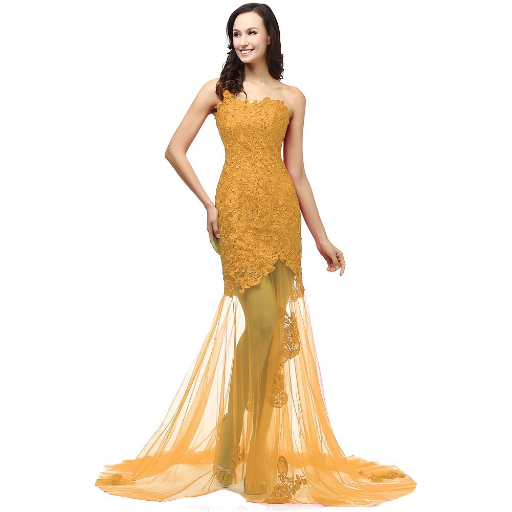 Kivary? Women's One Shoulder Sheer Lace Tulle Beaded Sequins Corset Long Prom Ev