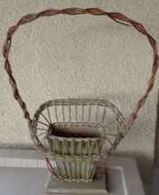 Antique Tin &amp; Wicker Bamboo Bouquet Basket - Good Condition Great Antiqu... - £46.65 GBP
