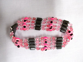 33&quot; Neon Pink Evil Eye &amp; Magnetic Hematite Bead Strand Wrap Bracelet Necklace - £5.50 GBP