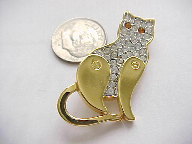 Cat Pin Vintage Monet Brooch with white czs and yellow cz Feline eyes - £15.52 GBP