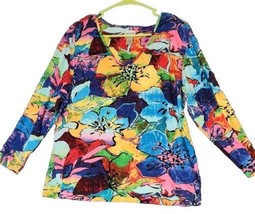Chicos Top Women Sz 2 Art To Wear Blue Pink Floral Tunic Colorful US L S... - £15.88 GBP