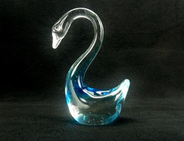 Vintage Art Glass Abstract Swan Figurine, Clear w/Blue, Shelf Decor, Paperweight - £15.31 GBP