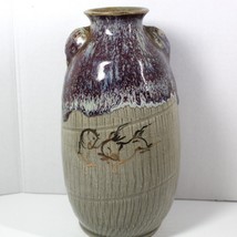 Obori Soma Ware Vase with Ears Drip Glaze over Crackle Ribbed Pottery Ho... - $144.79