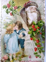 Joyful Christmas Postcard Santa Claus Brown Coat Embossed Elizabeth NJ 1911 - £30.35 GBP