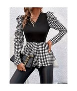 Black Puff-Sleeve Top – Contrast Checkered Sleeves, V-Neck, Long Sleeve - S - $456.48 MXN