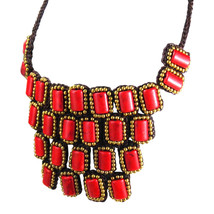 Vintage Tribal Synthetic Coral Bib Collar Statement Brass Red Boho Necklace - £17.08 GBP