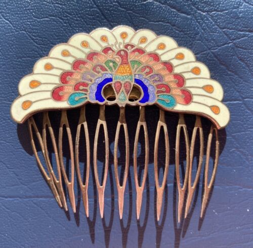 Primary image for Vintage Cloisonné PEACOCK Hair Comb Side Comb Gold Tone Metal 2.5" Wide Enamel