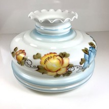Vtg Large Blue/Yellow Floral Pattern Hurricane Milk Glass Lamp Shade 10&quot; Fitter - £58.97 GBP