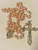 Pink Faux Pearl Rosary, New # AB-094 - $10.00