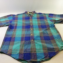 Arrow Button Up Shirt Short Sleeve Shirt Blue Plaid Collar Large Cotton - £13.45 GBP