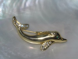 Estate Goldtone Swimming Dolphin with Clear Rhinestone Accents &amp; Green Eye Pin - £8.28 GBP