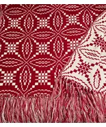 Handcrafted Overshot Lovers Knot Woven Red Fringed Throw Blanket - $68.00