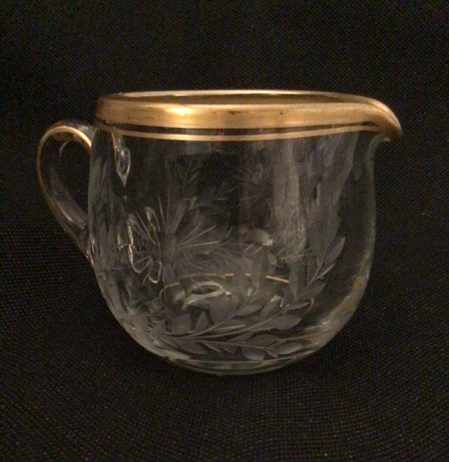 Primary image for HEISEY GLASS GOLD CREAMER ETCHED FLOWER LEAVES GROUND BOTTOM ELEGANT