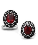 CUFF LINKS STAINLESS STEEL UNITED STATES ARMY FACETED SYNTHETIC SIAM RED STONE - $34.60