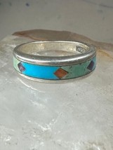 Navajo ring Turquoise Coral band signed WJ size 8 band sterling silver women men - £45.41 GBP
