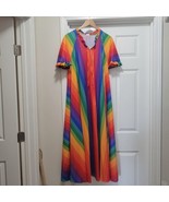 Vintage 1970s Granada Vibrant Rainbow Striped Maxi Kaftan Dress Moo Moo ... - $164.91 CAD